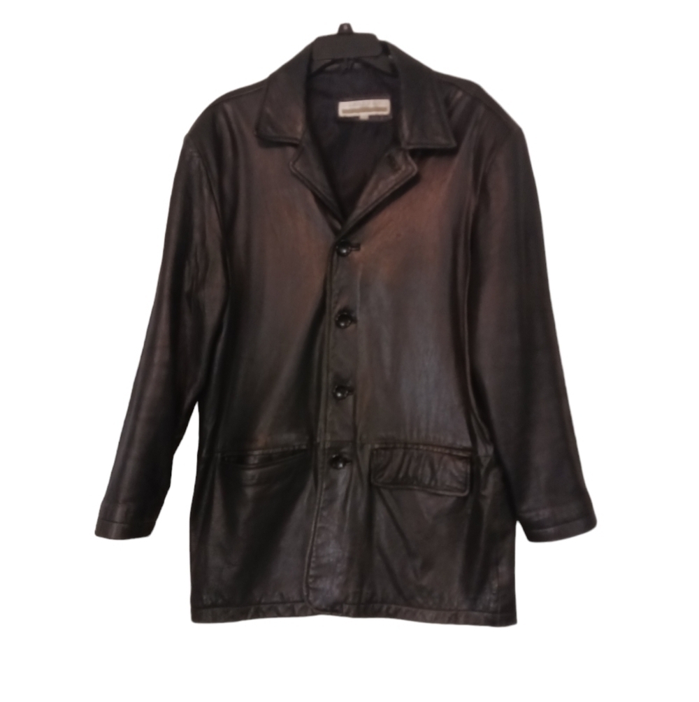 Vintage Perry Ellis Men's Black Leather Jacket